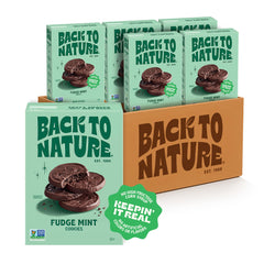 Back to Nature Fudge Mint Cookies close-up showing fudgy texture and mint specks for rich flavor.