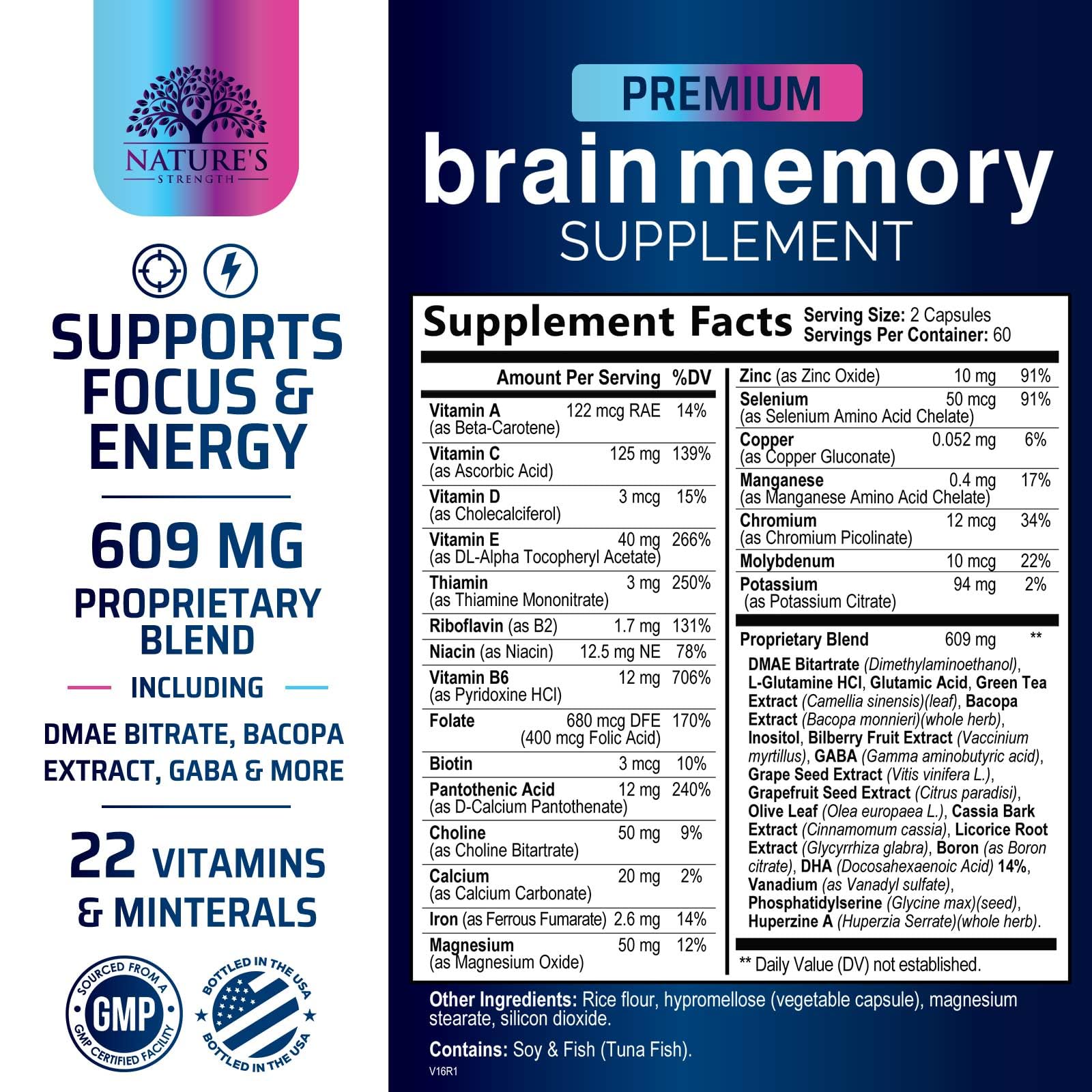 Nootropics blend of Bacopa Monnieri, Phosphatidylserine, and DMAE