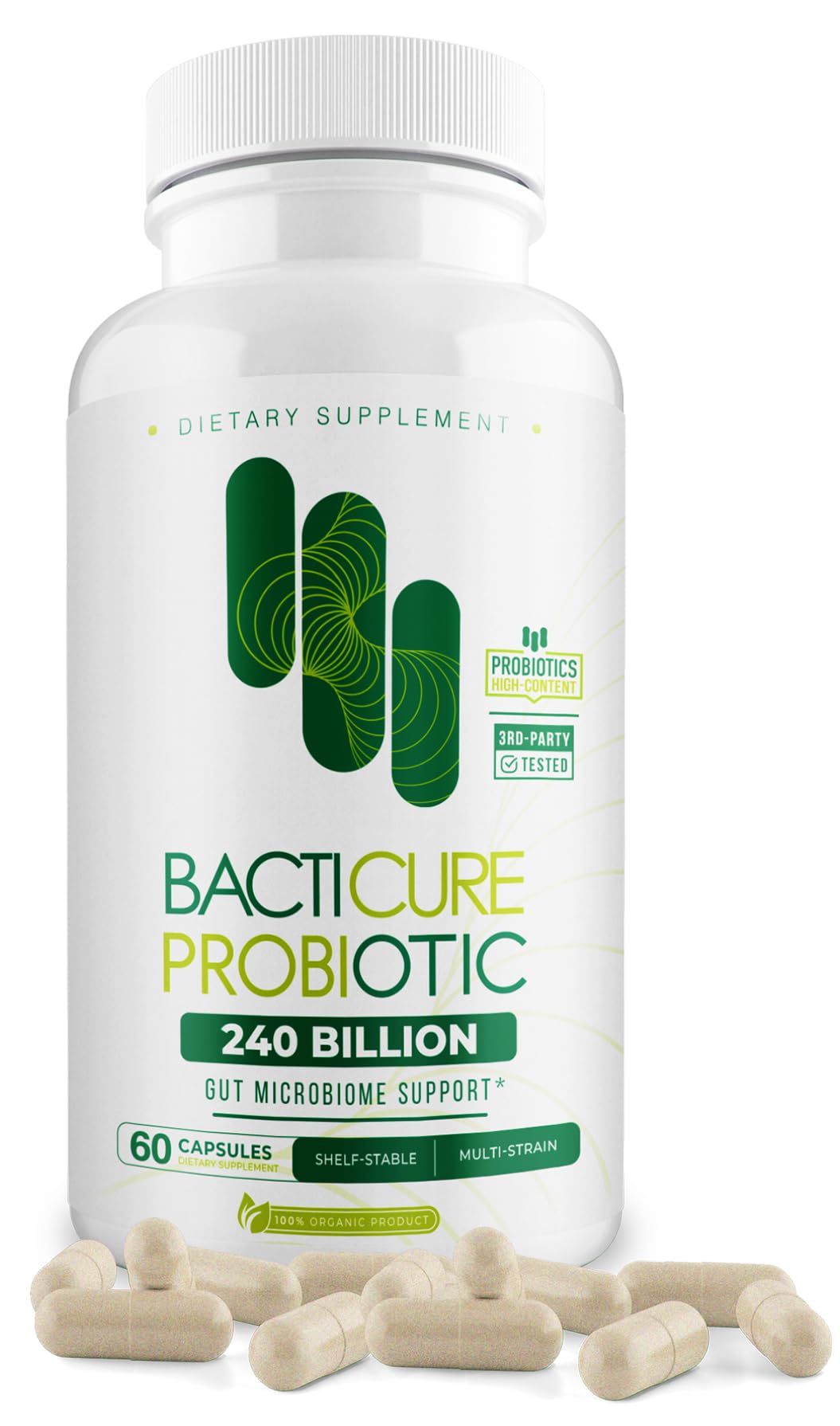 Front view of BACTICURE Original Natural Probiotic capsules