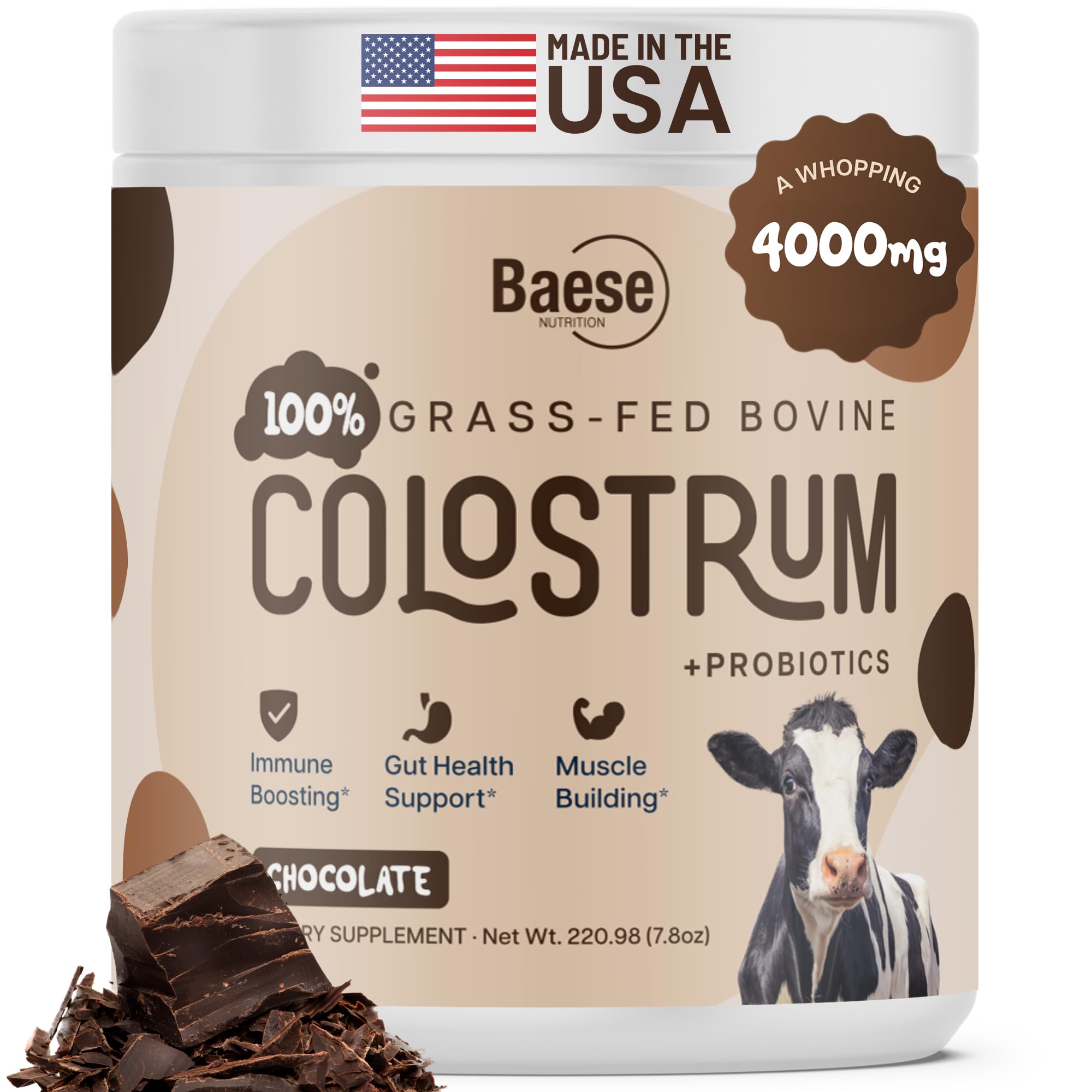 Hero image: Baese Nutrition Organic Chocolate Colostrum Powder 4000mg Grass-Fed Bovine, 220.98 g