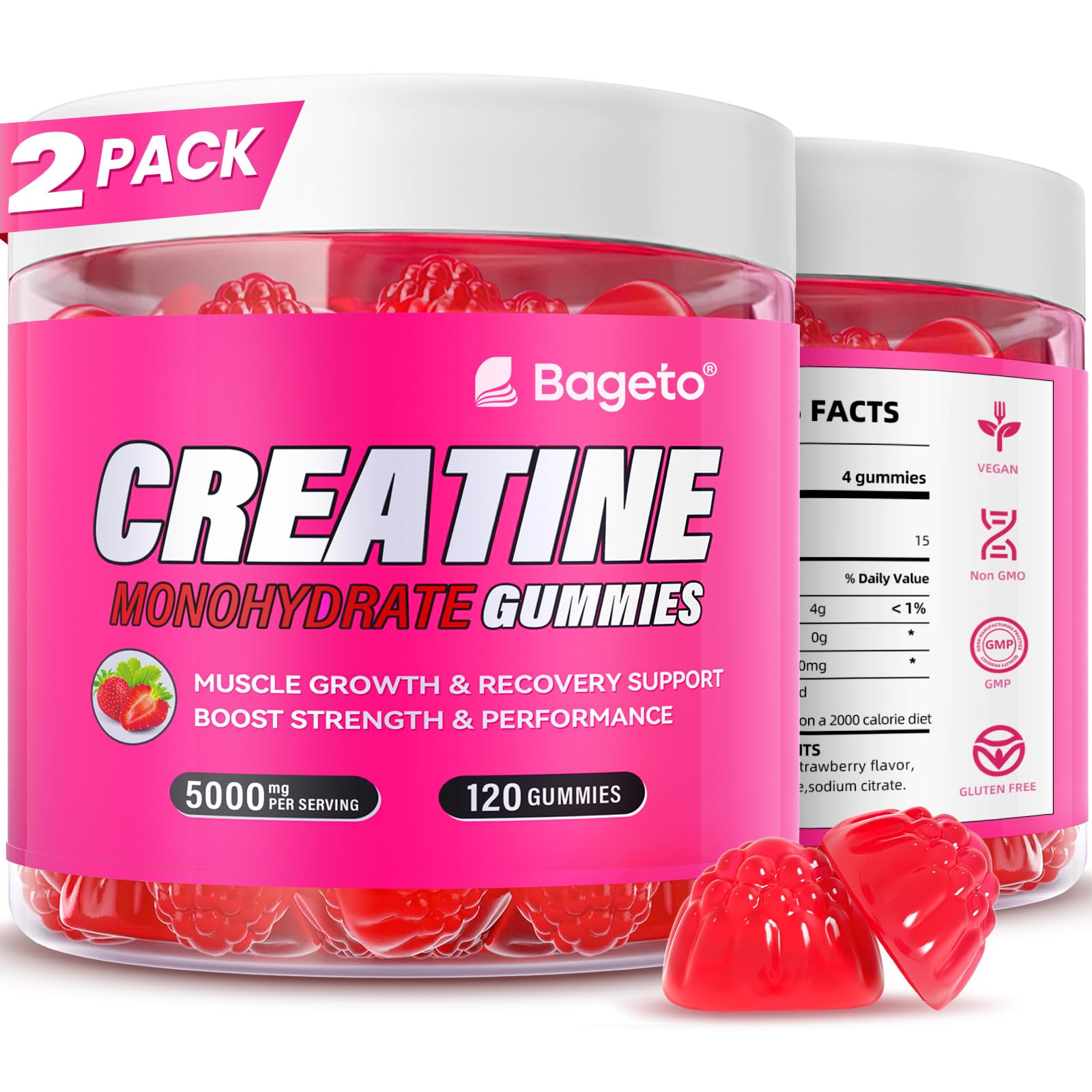 Bageto Creatine Monohydrate Gummies bottle – Strawberry 2, vegan, 120 gummies
