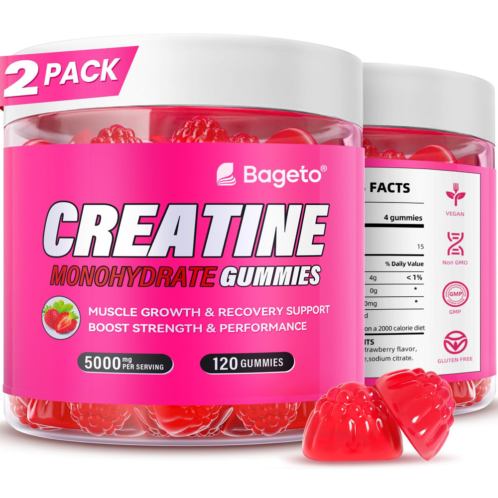 Bageto Creatine Monohydrate Gummies bottle – Strawberry 2, vegan, 120 gummies