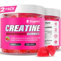 Bageto Creatine Monohydrate Gummies bottle – Strawberry 2, vegan, 120 gummies