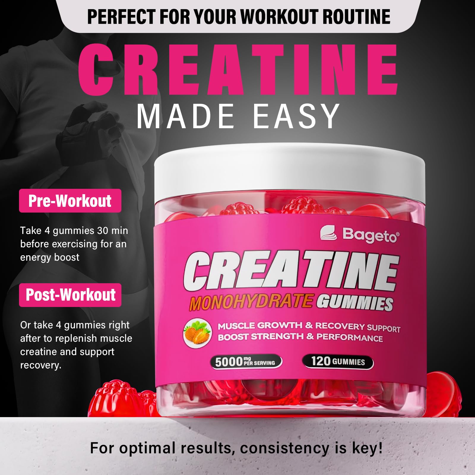 Vegan, gelatin-free, 0g sugar creatine gummies packaging