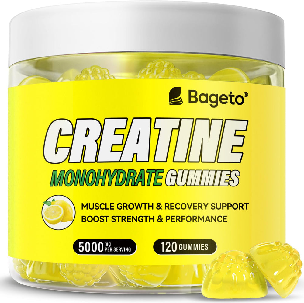Bageto Creatine Monohydrate Gummies lemon flavor bottle on white background