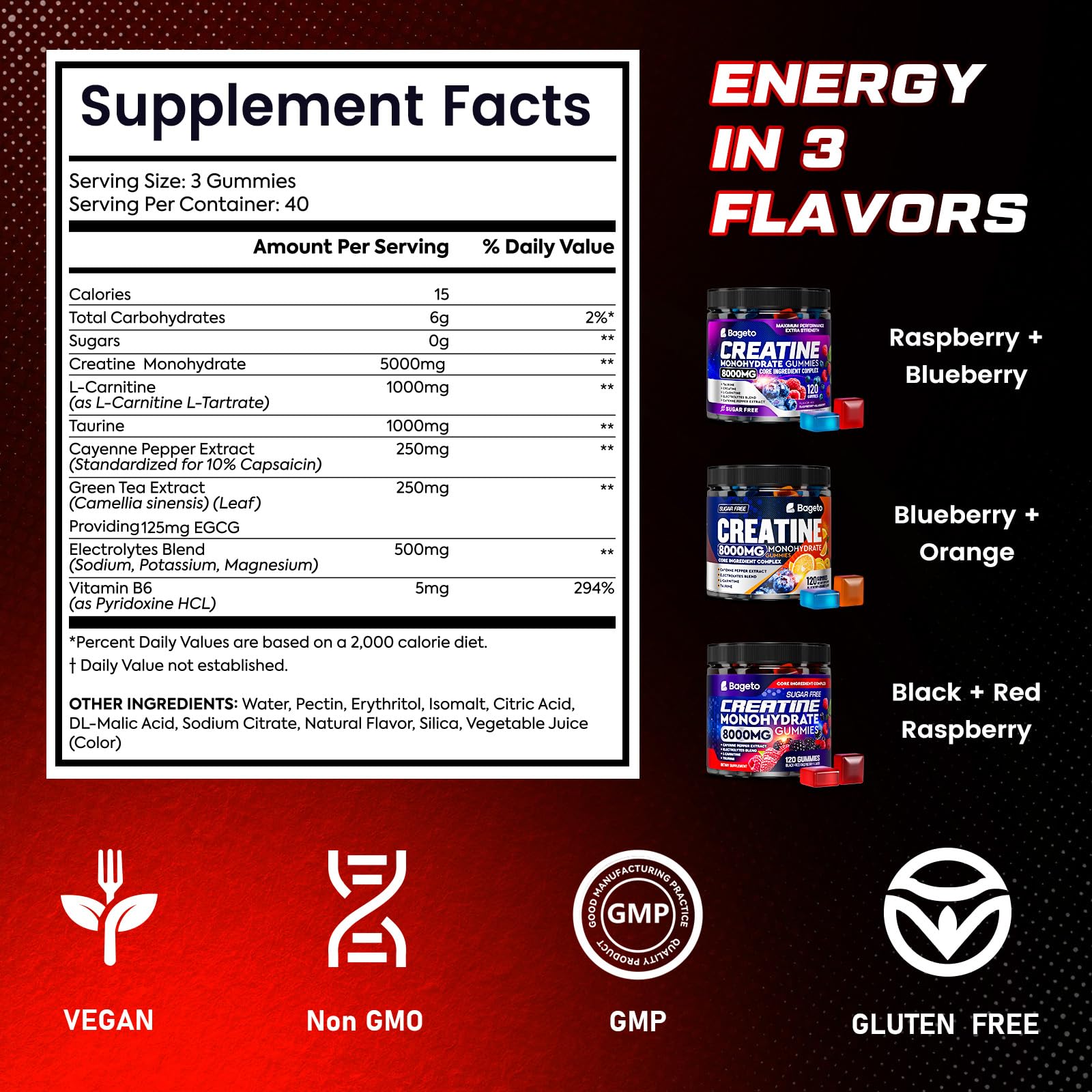 Bageto Creatine Monohydrate Gummies bottle with 120 gummies