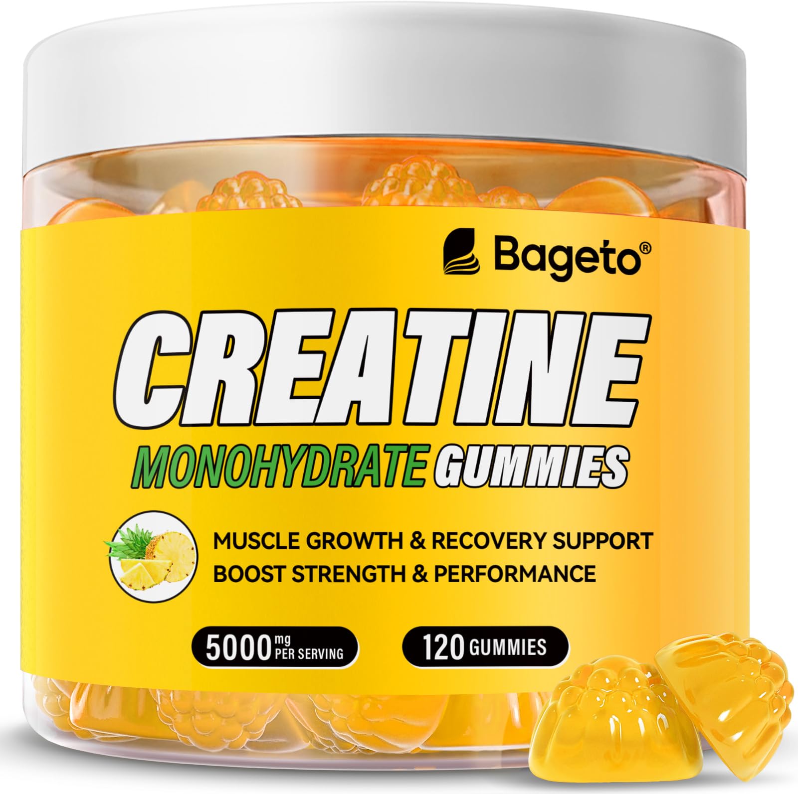 Bageto Creatine Monohydrate Gummies bottle with pineapple flavor label, 120 count
