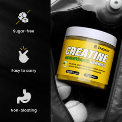 Nutrition label showing 5g per serving (4 gummies) creatine monohydrate