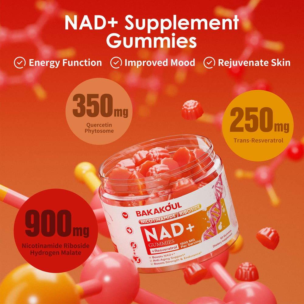 NAD Gummies bottle close-up label showing 900mg NAD+