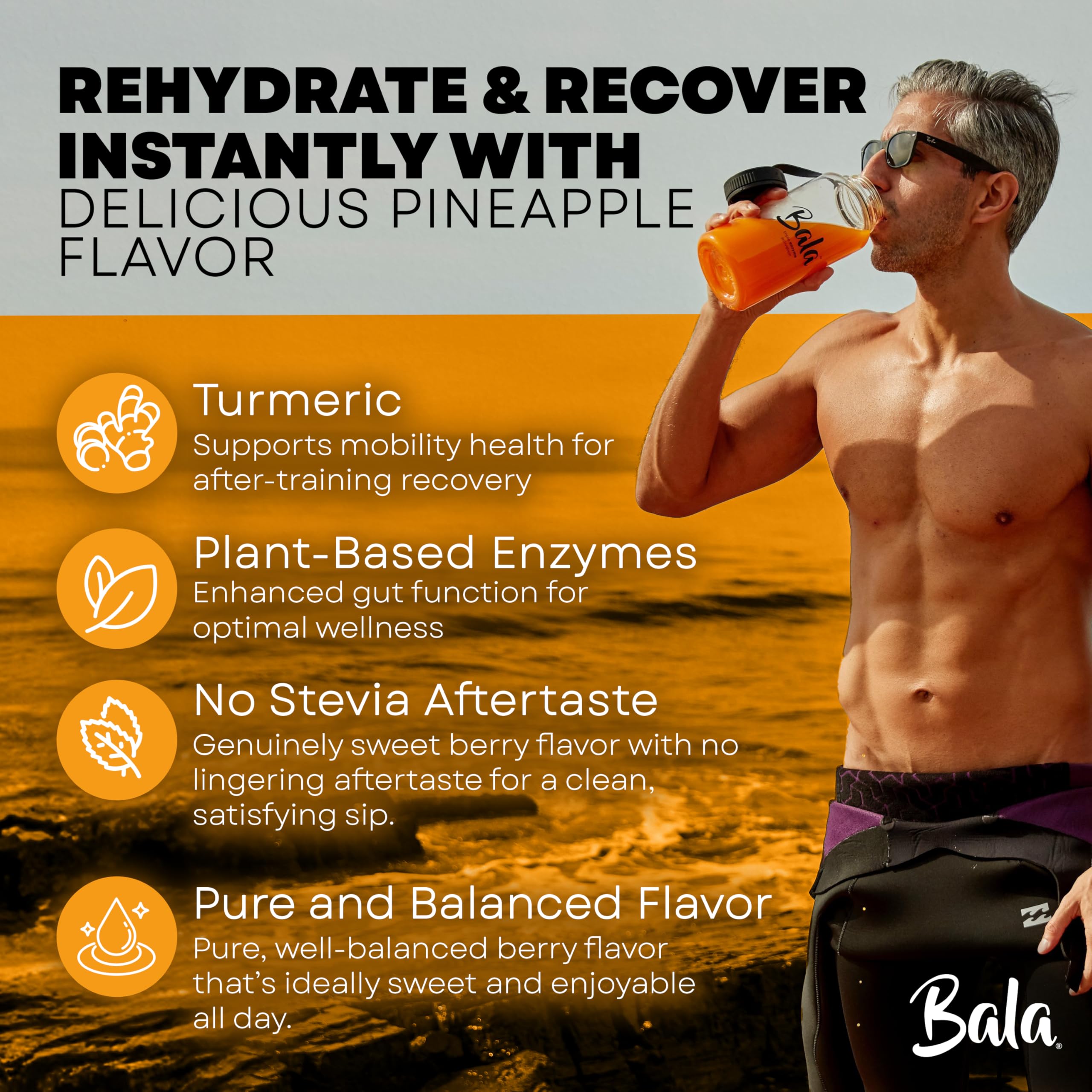 BALA drink mix with enzymes and turmeric close-up highlighting ingredients.