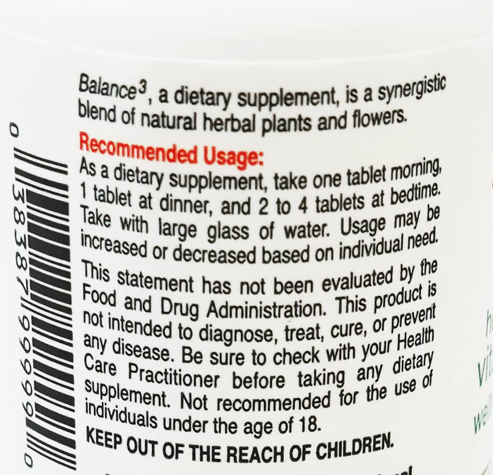 Balance 3 supplement bottle and tablets close-up