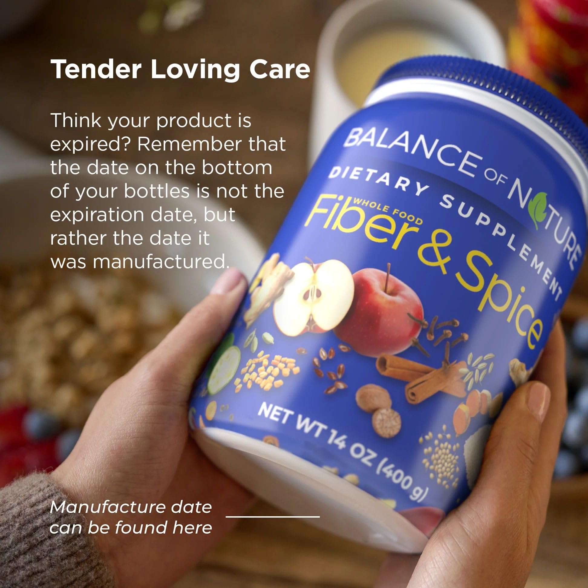 Product label close-up showing Balance of Nature certifications and ingredient list clarity