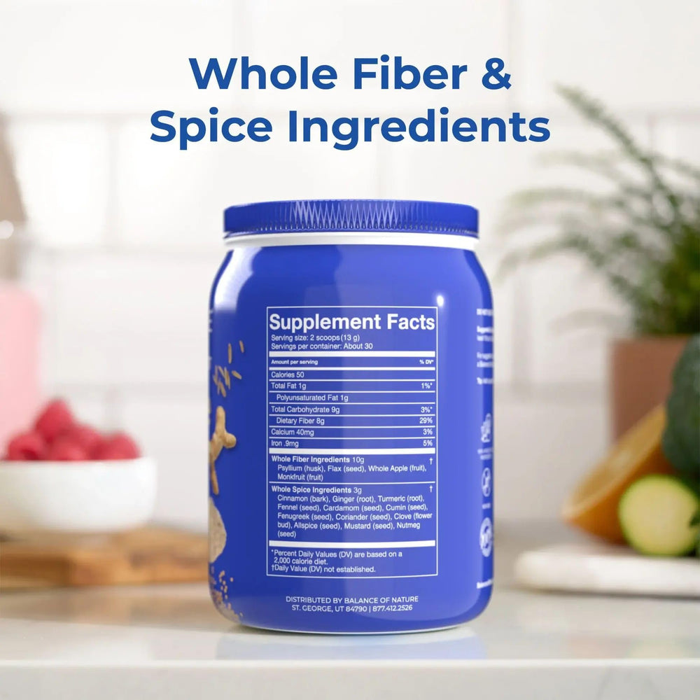 Close-up of Balance of Nature powder texture highlighting natural whole-food ingredients