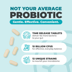 Close-up of Balance ONE Probiotic label showing 12 strains and 15B CFUs