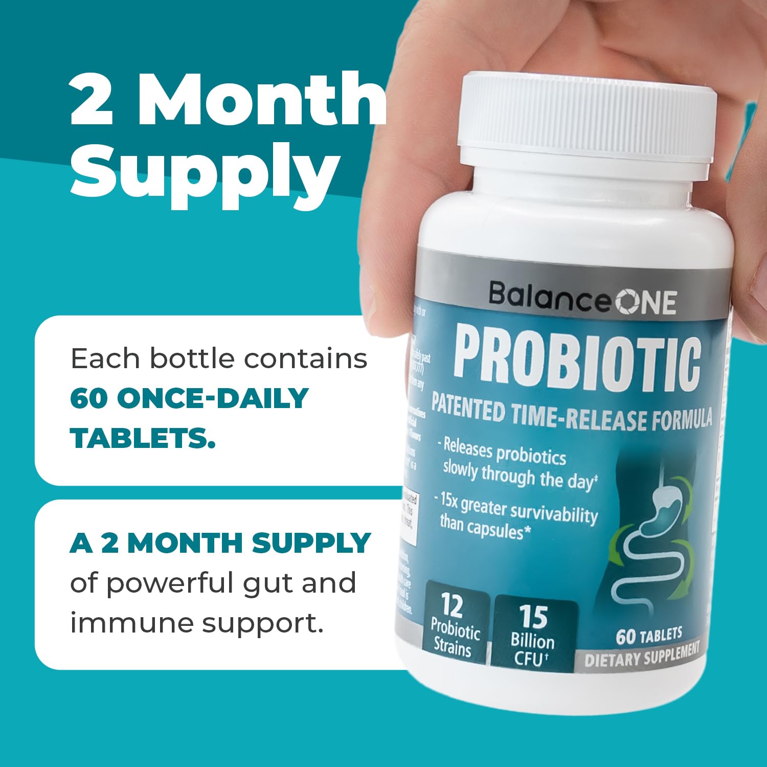 Graphic showing probiotic capsules and gut health concept