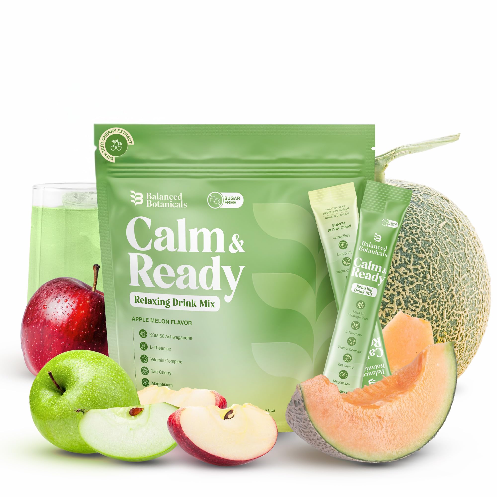 Front view of Balanced Botanicals Calm Drink Mix Apple Melon flavor travel packets (20-pack)