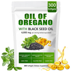 Bottle of balanced oregano oil with black seed oil softgels