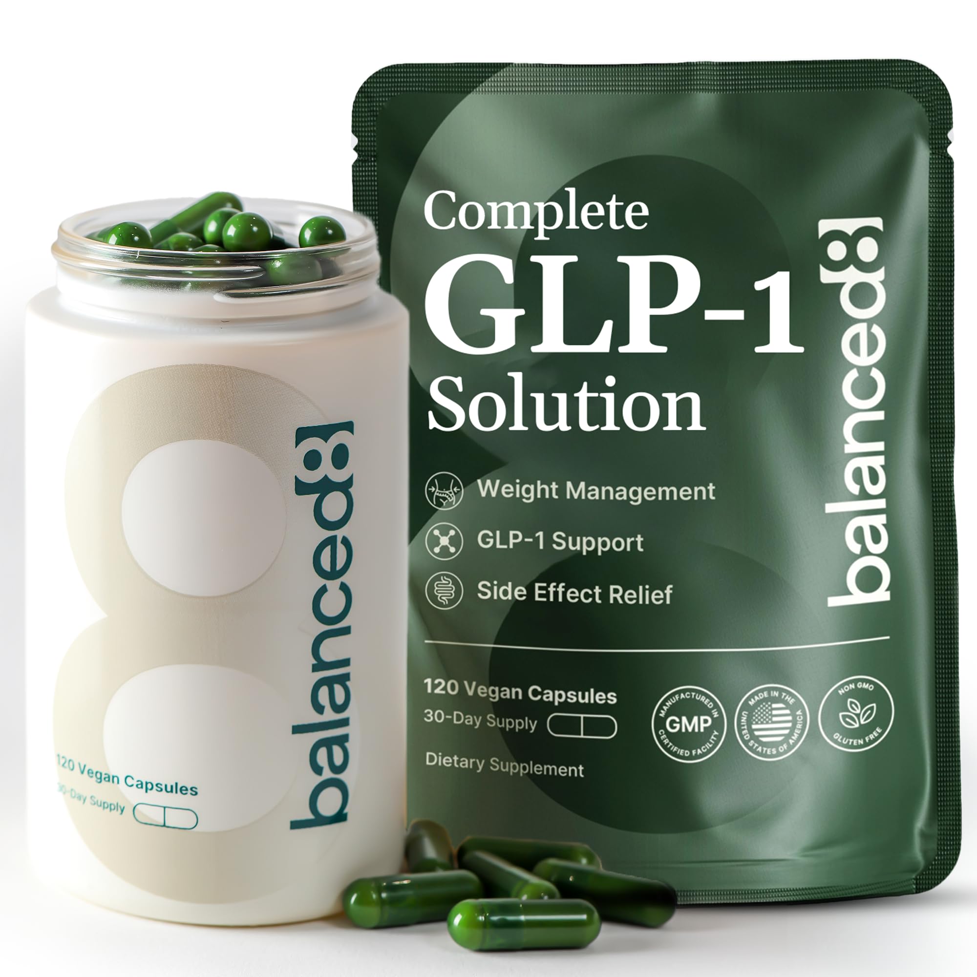 balanced8 GLP-1 supplement bottle closeup highlights convenient appetite support in a vegan formula