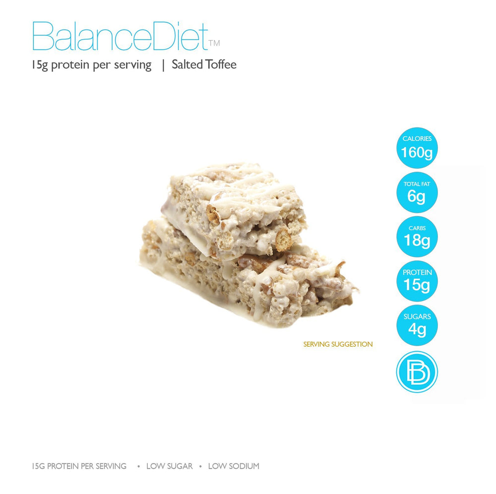 BalanceDiet protein bar nutrition panel shows 15g protein per bar