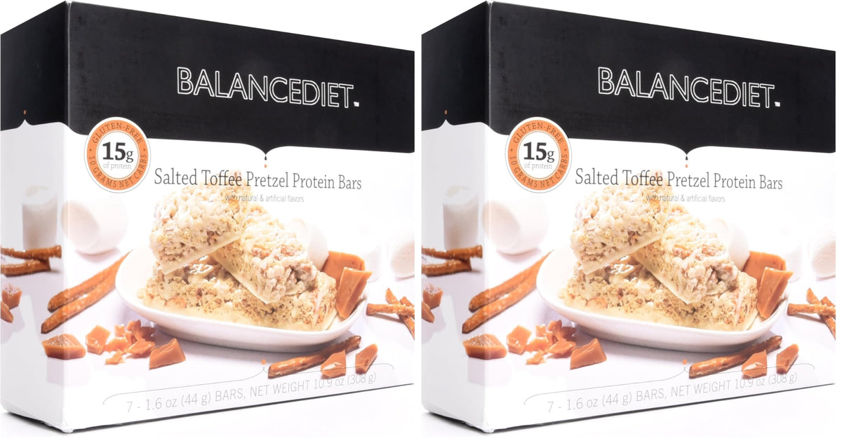 BalanceDiet salted-toffee-pretzel bar box front highlighting premium low-carb snacking