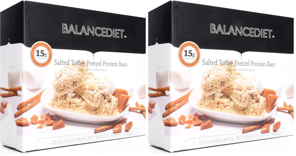 BalanceDiet salted-toffee-pretzel bar box front highlighting premium low-carb snacking
