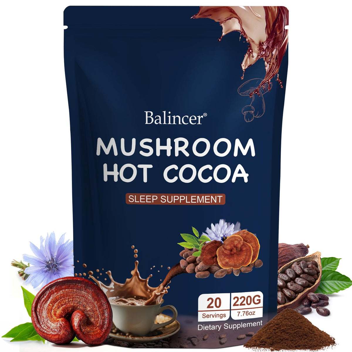 Balincer Mushroom Hot Cocoa packaging with product label