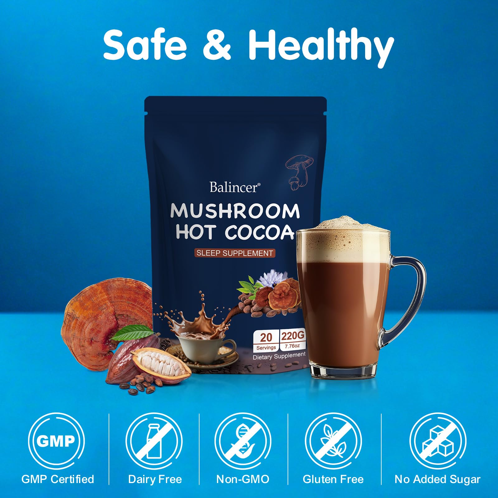 Ingredients list featuring Reishi, melatonin, L-Theanine, glycine