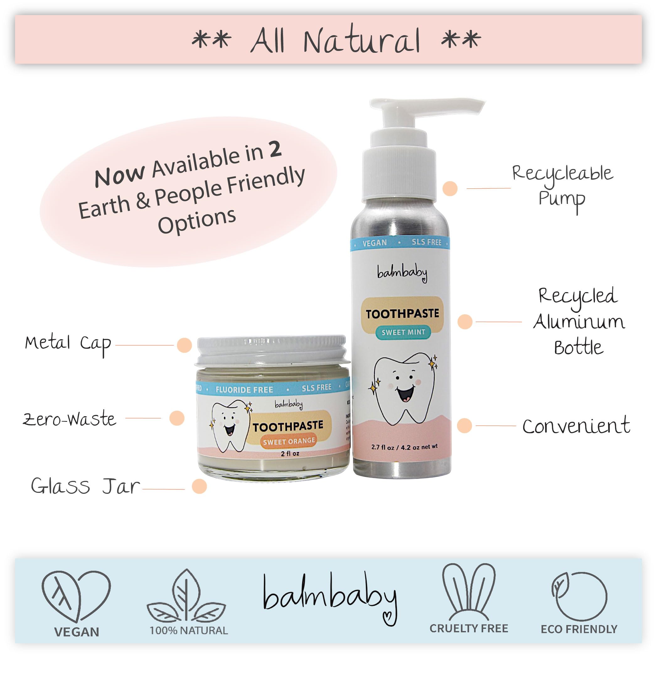 Close-up of BALM! Baby Kids Natural Fluoride Free Toothpaste orange pump bottle
