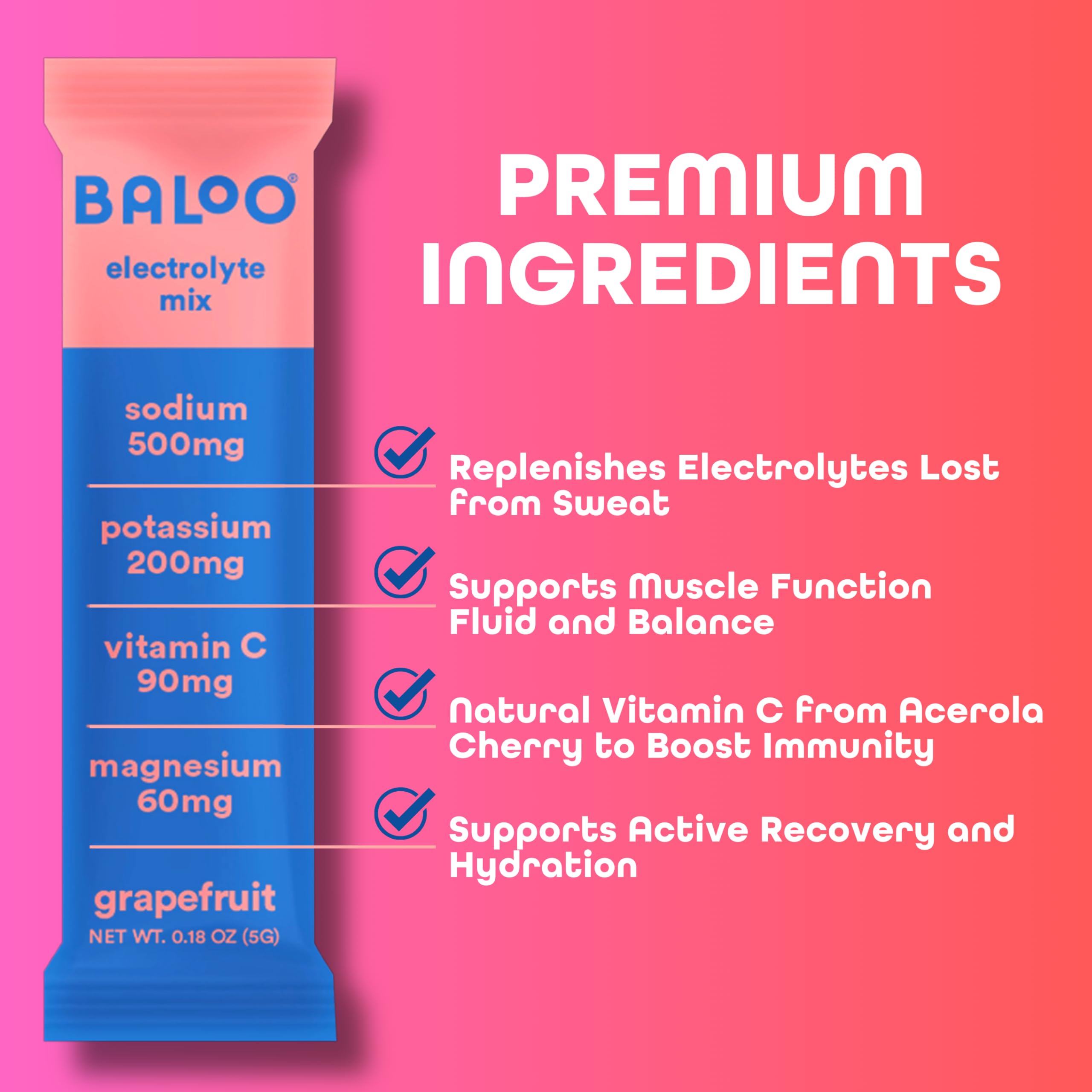 Baloo electrolyte powder scoop beside grapefruit packets for easy use.