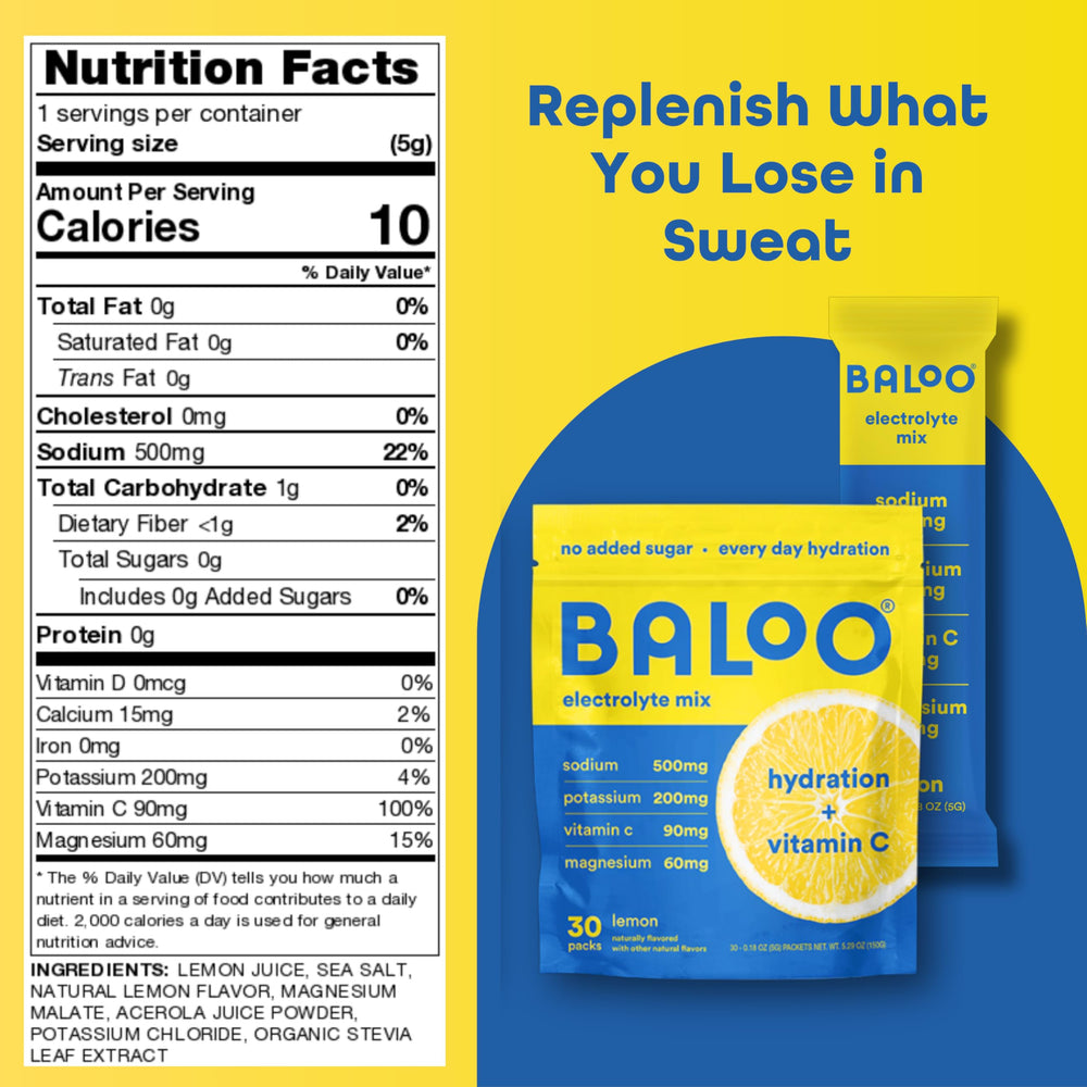 Baloo electrolytes grapefruit packet beside a glass of water for sugar-free hydration.