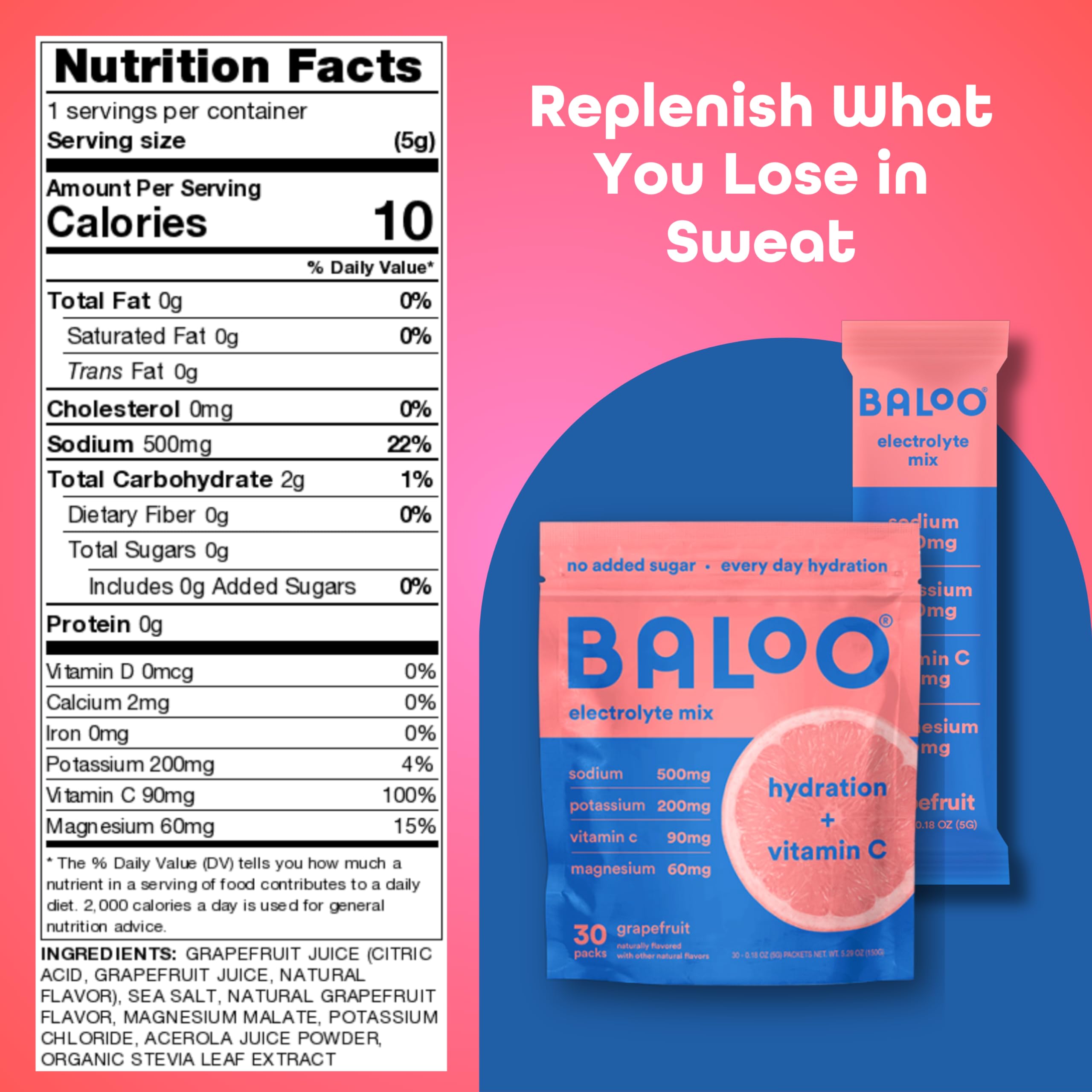 Baloo grapefruit electrolyte powder dissolving in water for refreshing hydration.