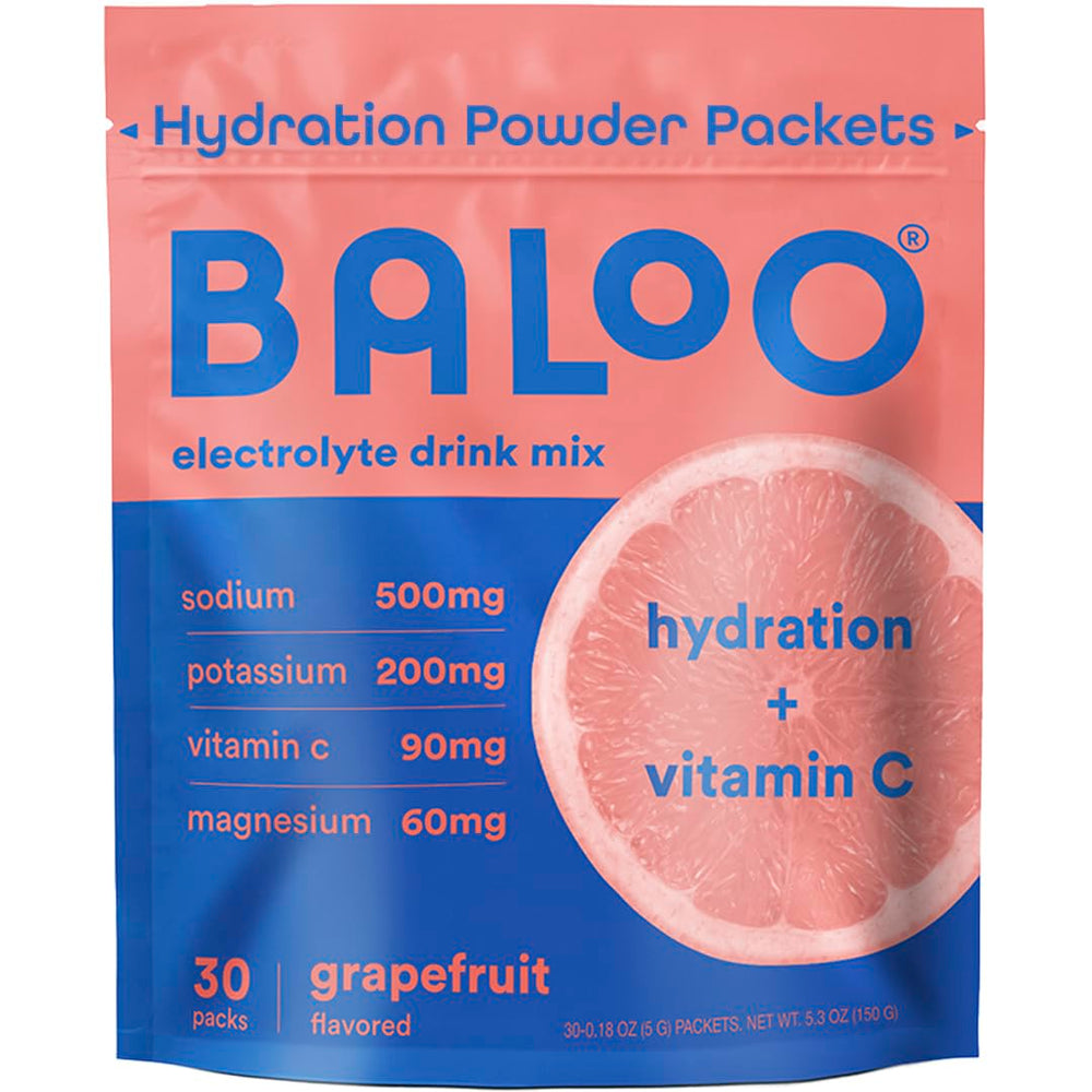 Baloo electrolytes grapefruit packets ready to mix for crisp hydration.