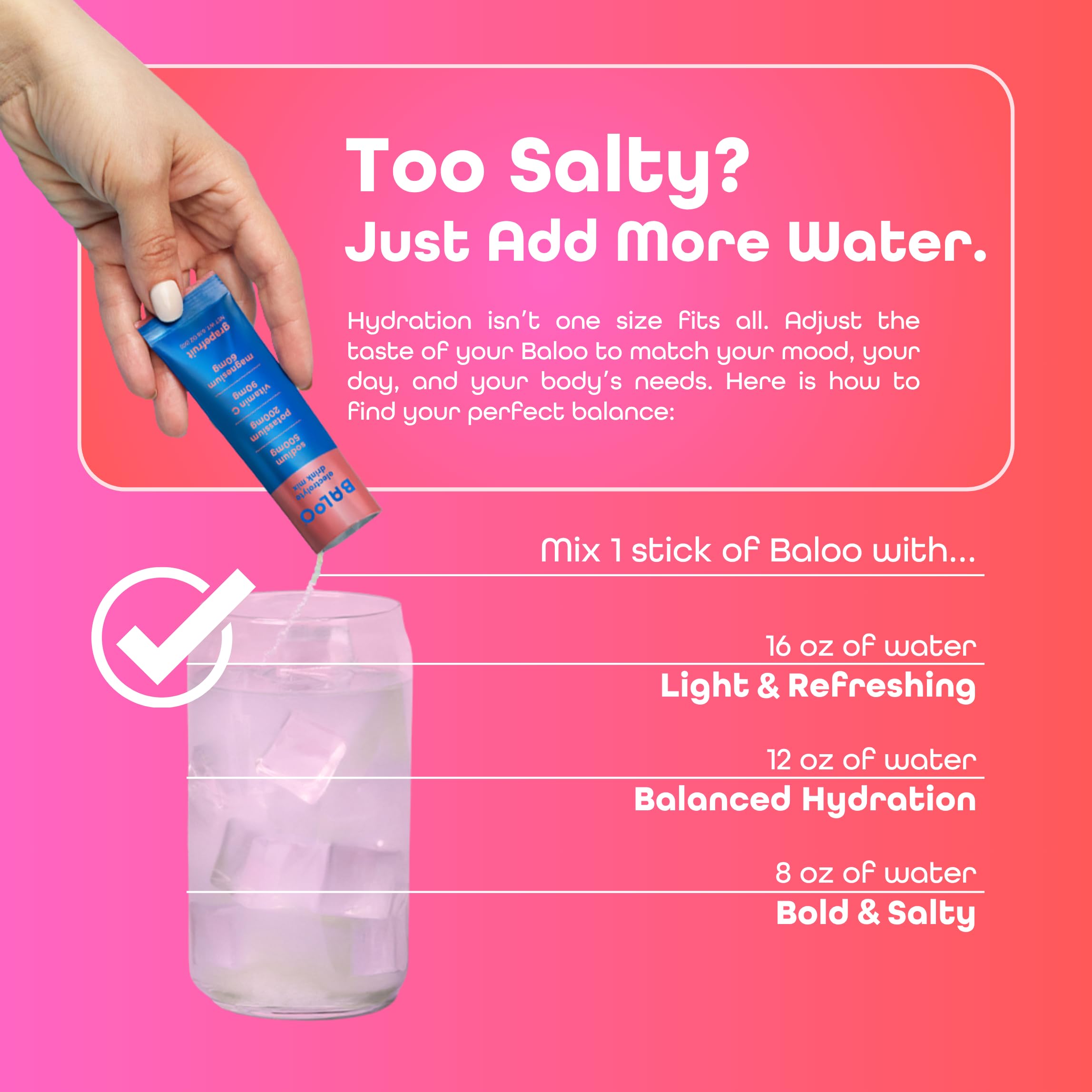 Baloo grapefruit packets beside a glass ready for daily hydration.