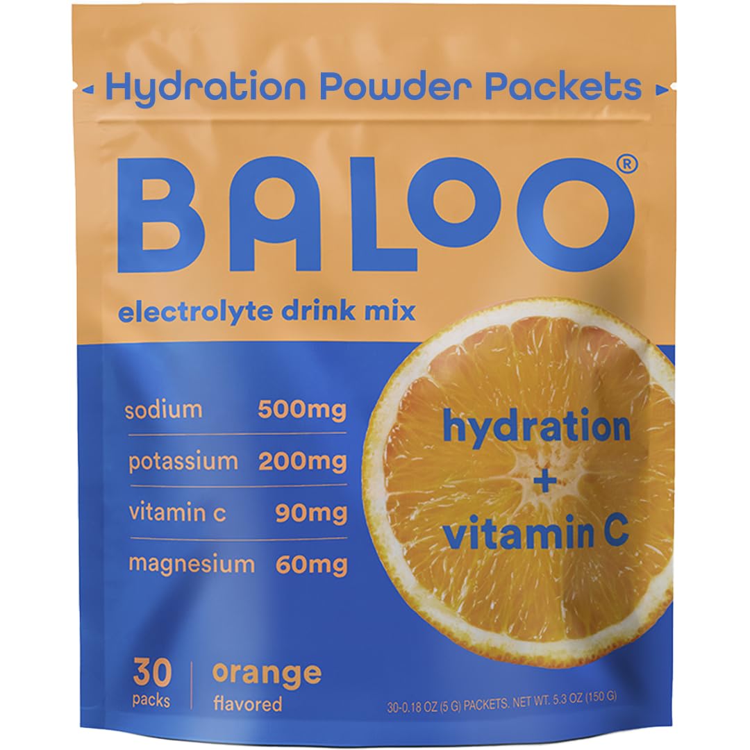 Baloo electrolytes orange packets for on-the-go hydration with real fruit flavor.