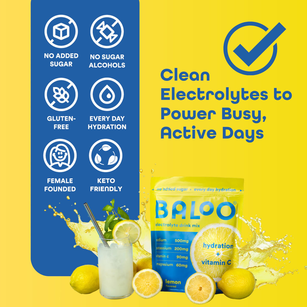 Baloo electrolytes powder stirred into water demonstrates quick, balanced hydration.