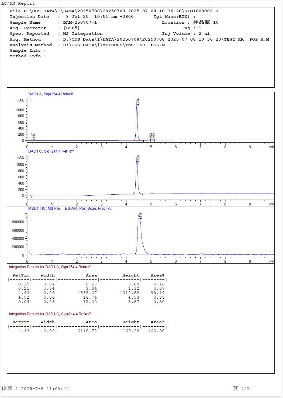 NMR and HPLC purity test reports for BAM15