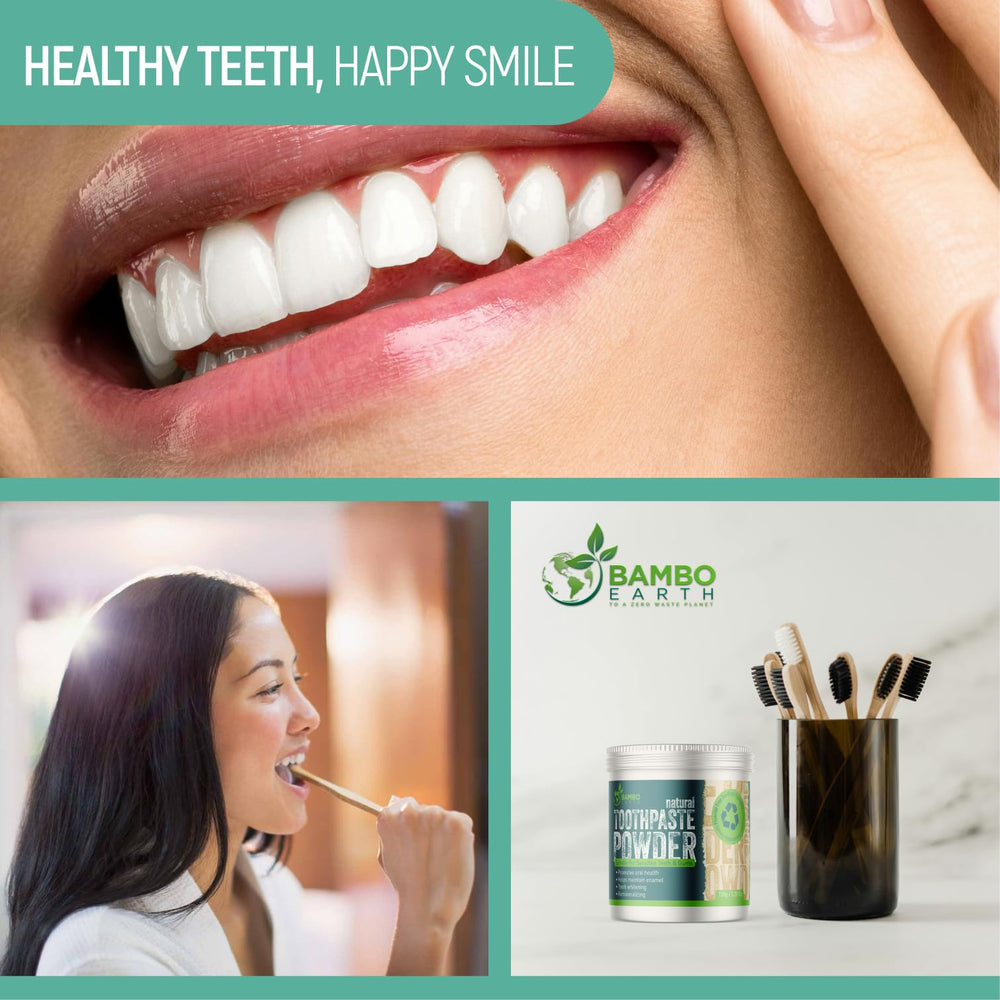 Brushing BAMBOEARTH toothpaste powder for a fresh, clean mouth