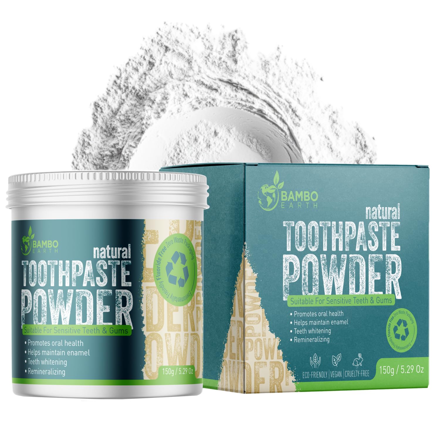 BAMBOEARTH fluoride-free toothpaste powder hero image with zero-waste packaging