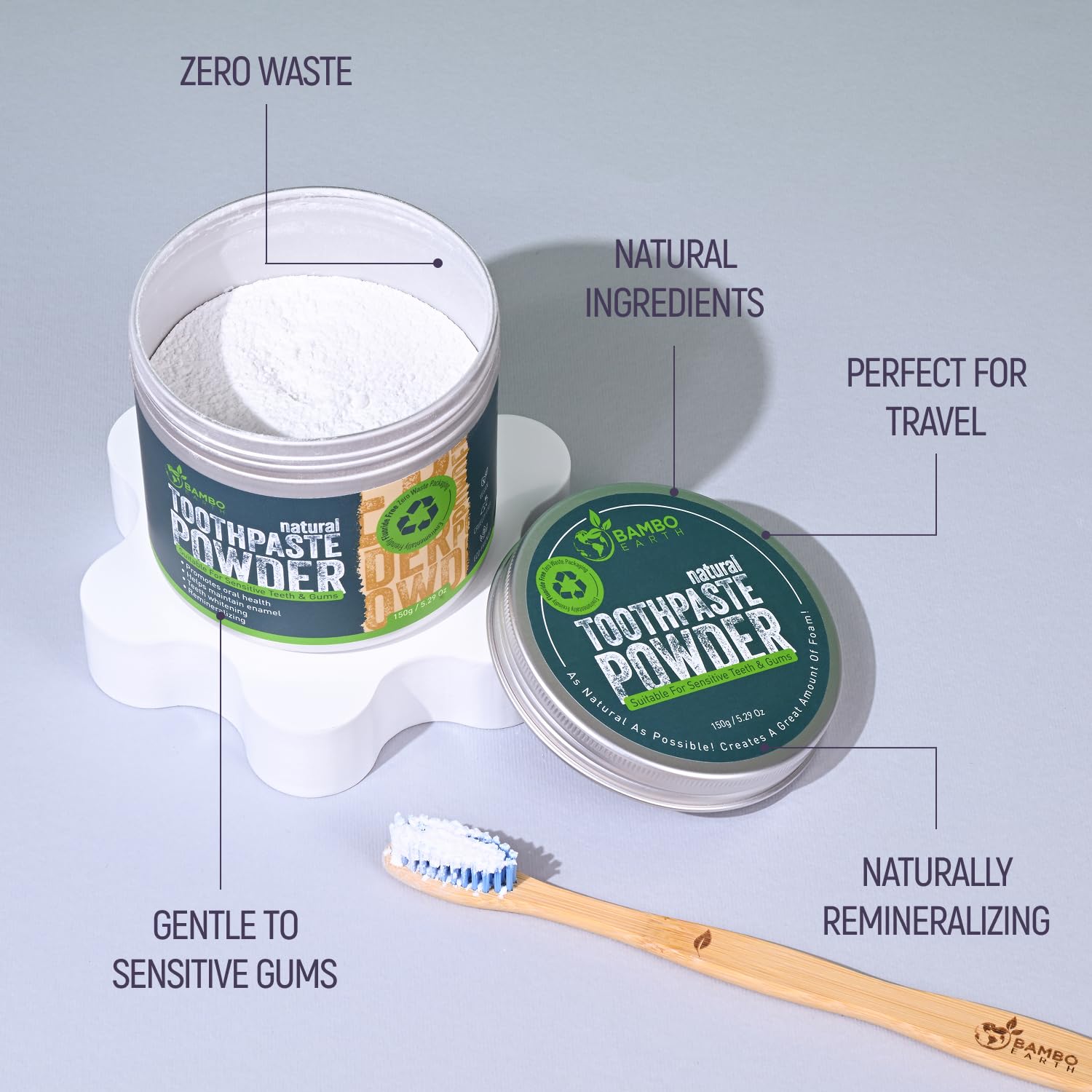 Zero-waste packaging detail of BAMBOEARTH toothpaste powder