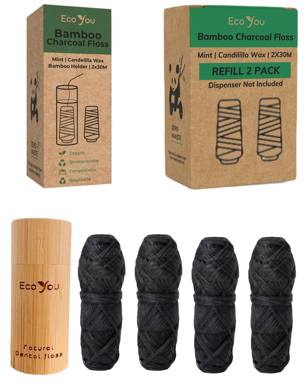 Bamboo Charcoal Dental Floss spools in reusable bamboo holder