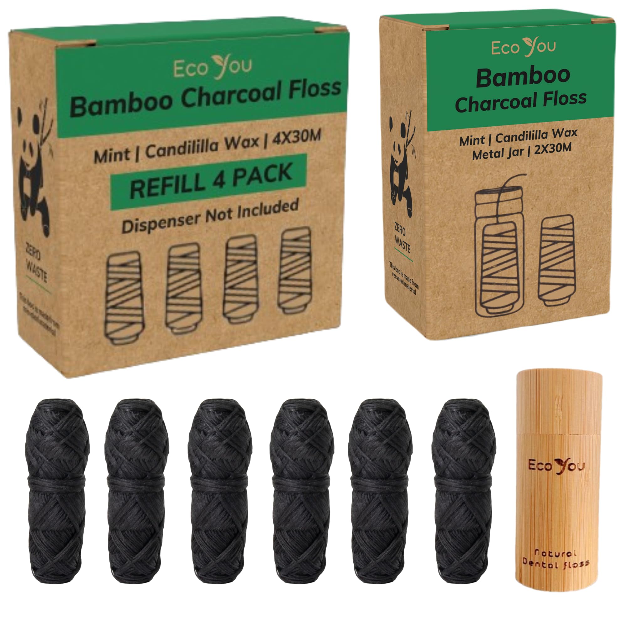 Bamboo charcoal dental floss with 6 refills and bamboo holder.
