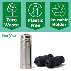 Mint-flavored bamboo charcoal floss in a stainless steel holder (side view)