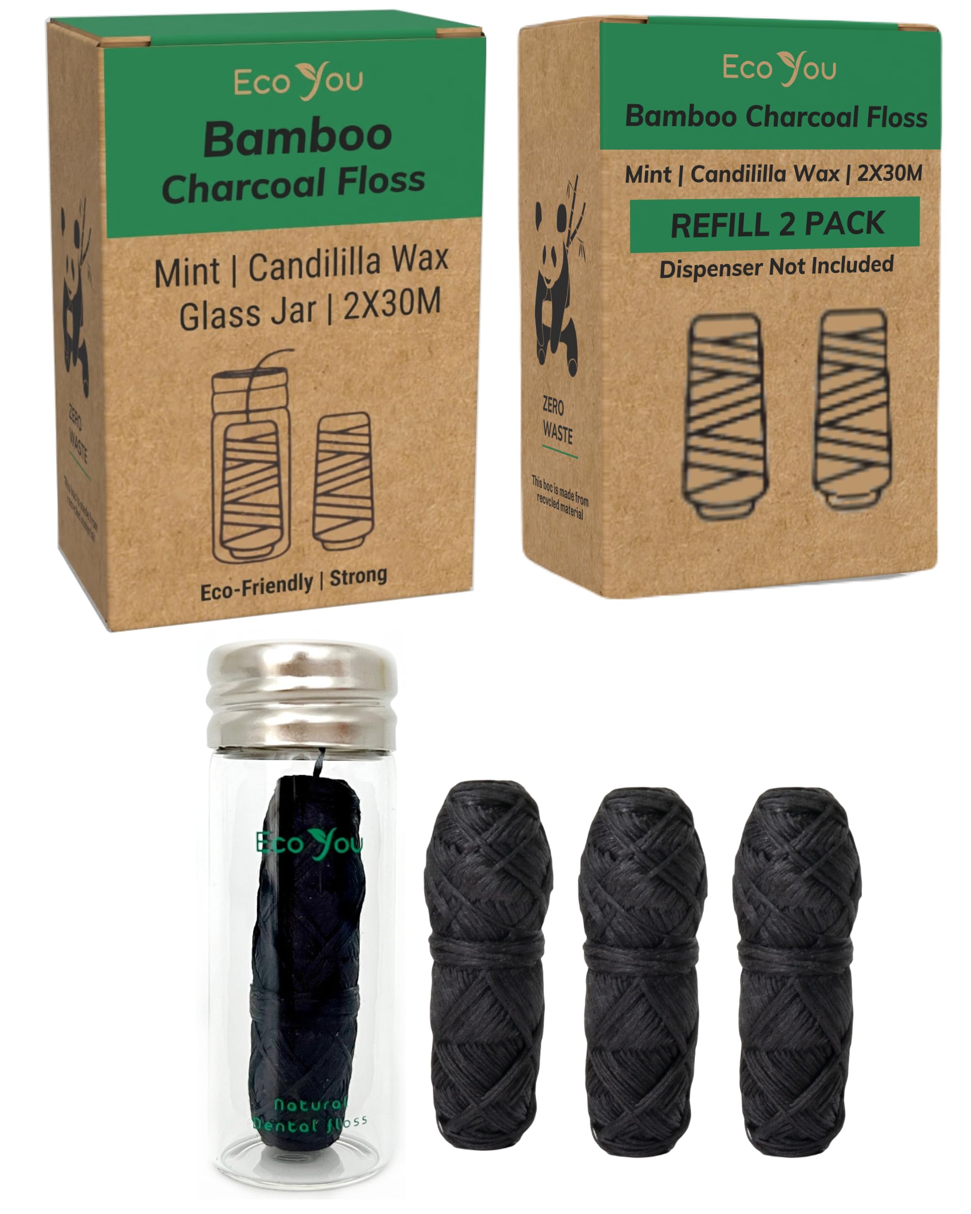 Hero image: Bamboo charcoal dental floss with mint wax and glass holder
