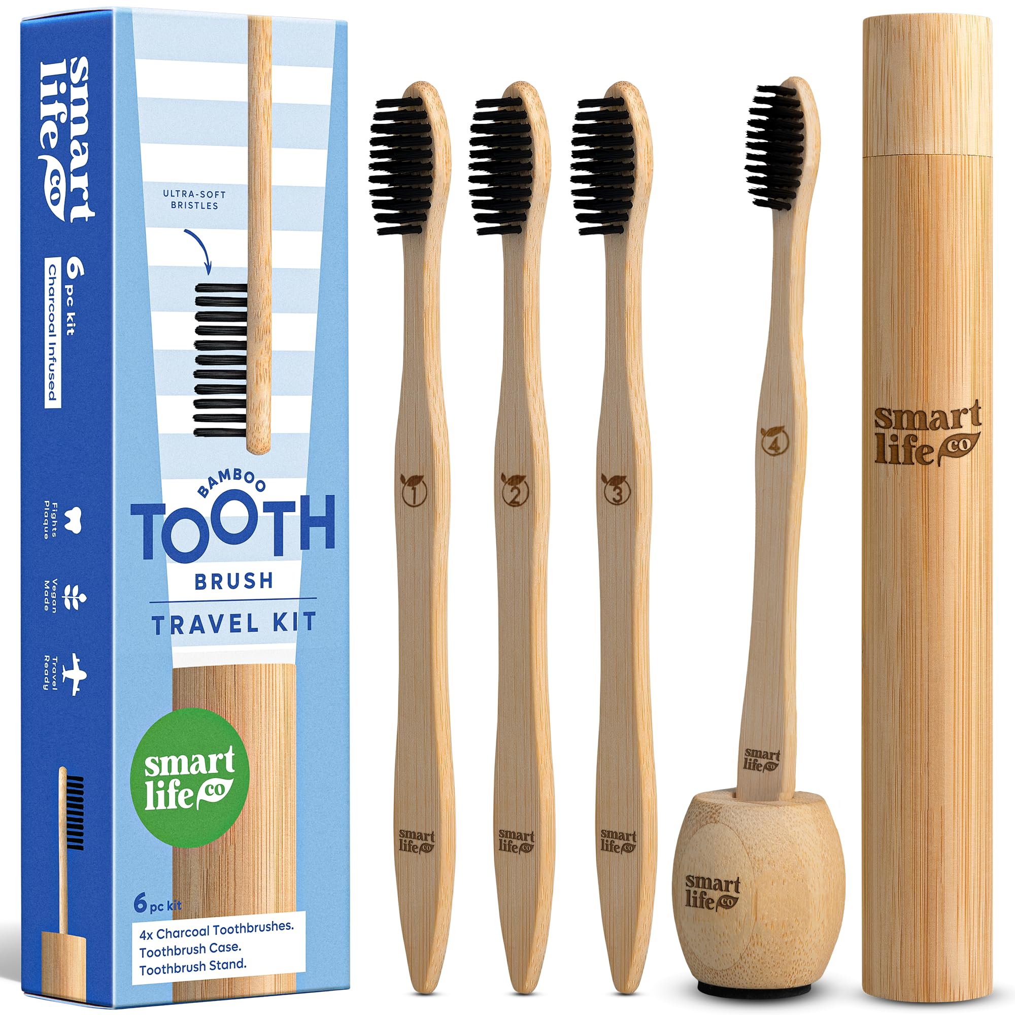Four bamboo charcoal toothbrushes with a travel case