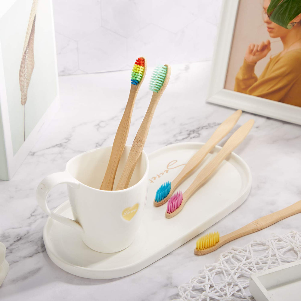 Close-up of bamboo toothbrush with nylon bristles