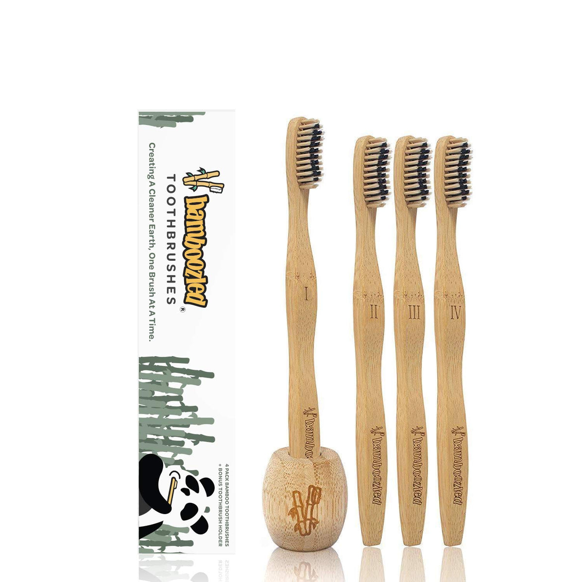 Front view of Bamboozled bamboo toothbrush set with holder (4-pack)