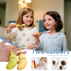 Green banana toothbrush cover with toothpaste dispenser visible