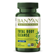 Banyan Botanicals Total Body Cleanse bottle showcases vegan capsules for daily detox support.