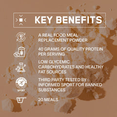 BARE Strong Food Cinnamon Roll packaging highlights 20 servings and Informed Sport testing.