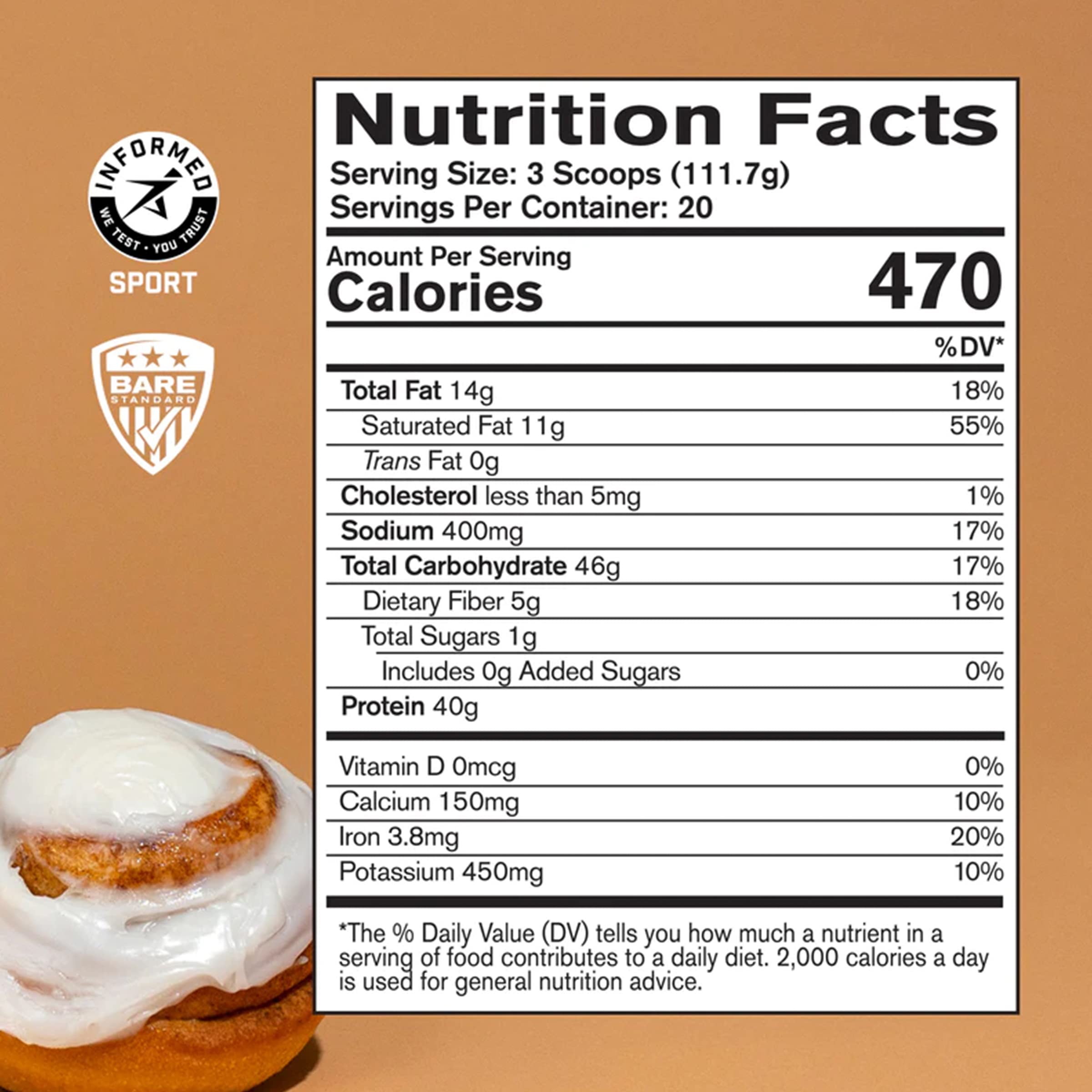 BARE Strong Food Cinnamon Roll scoop shows 40 g protein per serving for sustained energy.